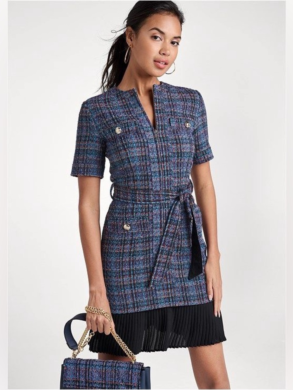 VENUS Belted Tweed Pleated Hem Mini Dress Size 14